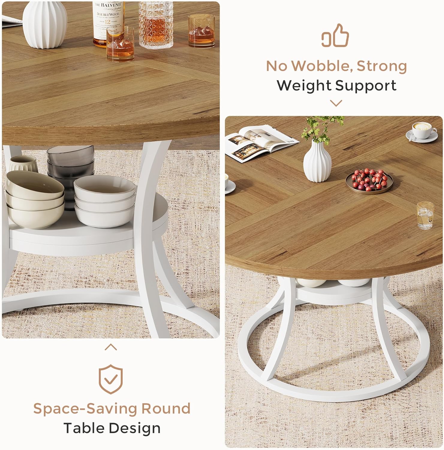 47'' Round Dining Table for 4-6, Farmhouse Dining Room Table with Storage Shelf, Space-Saving Kitchen Table Color-Block Design with Metal Base for Kitchen & Dining Room (Light Brown & White)
