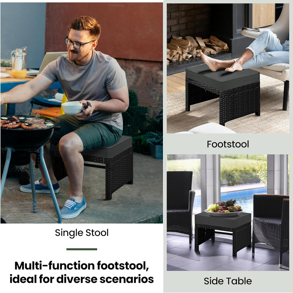 Yaheetech Wicker Ottomans, Set of 2 Footrest with Removable Cushion, 2pcs PE Rattan Side Table Additional Seating Multipurpose Outdoor Furniture for Patio, Backyard, Black/Gray