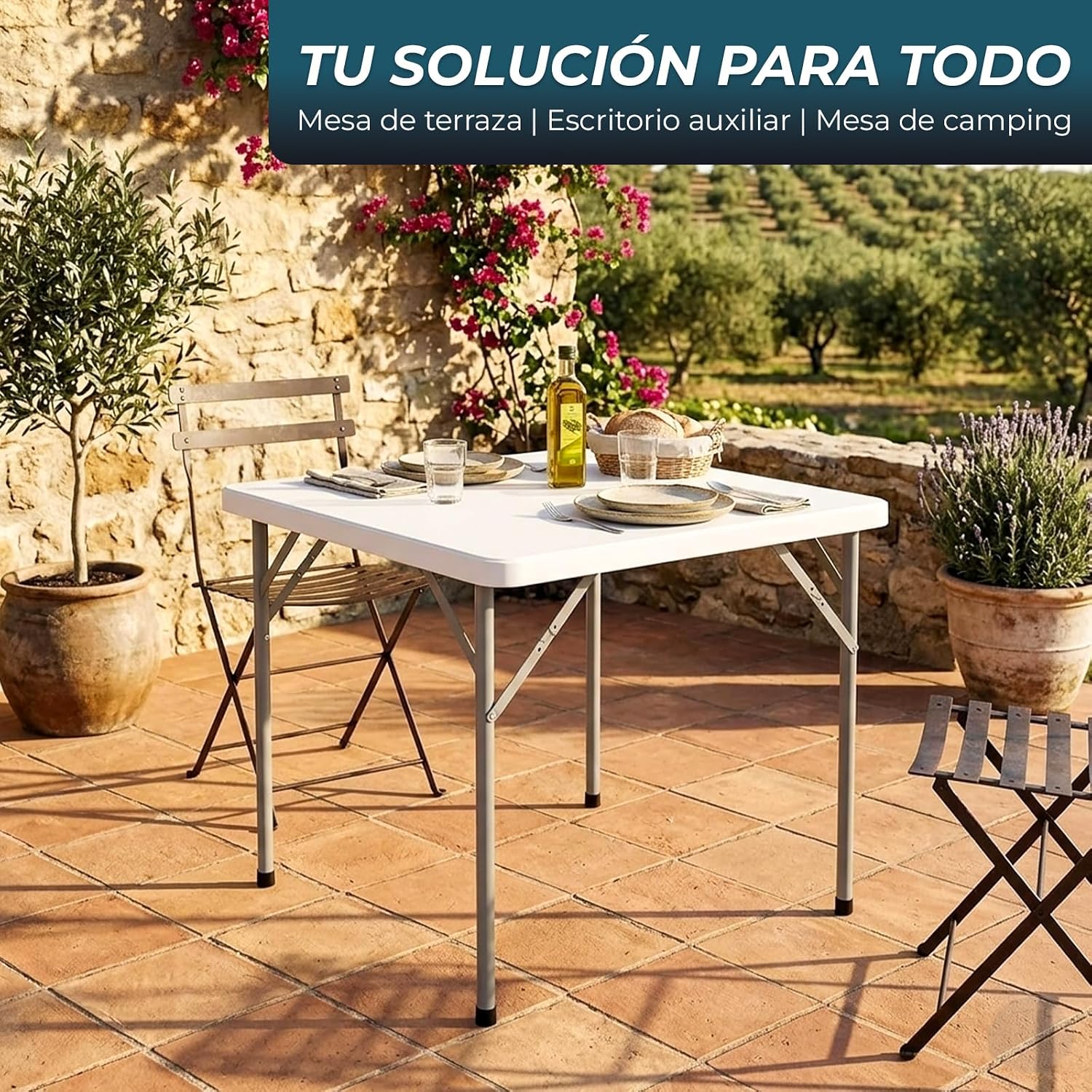 Plastic Folding Table | Capacity for 2-4 People | Sturdy and Portable | Indoor and Outdoor Use | Easy to Clean and Store, White, 86CM