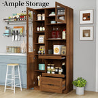 JOYSOURCE Tall Kitchen Hutch Cabinet with Pull-Out Shelves, Storage Drawer, Glass Doors Freestanding Pantry Large Kitchen Cupboard for Dining Room with Microwave Countertop Walnut Finish