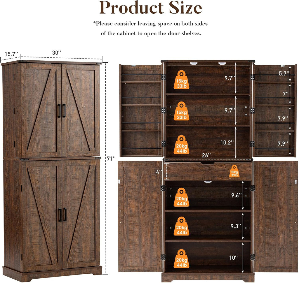 HOMPUS 71" Tall Kitchen Pantry Cabinet with Doors and Drawer, Farmhouse Storage Cabinet with Adjustable Shelves, Rustic Wood Cupboard for Kitchen, Dining Room, Living Room, Bathroom, Rustic Brown
