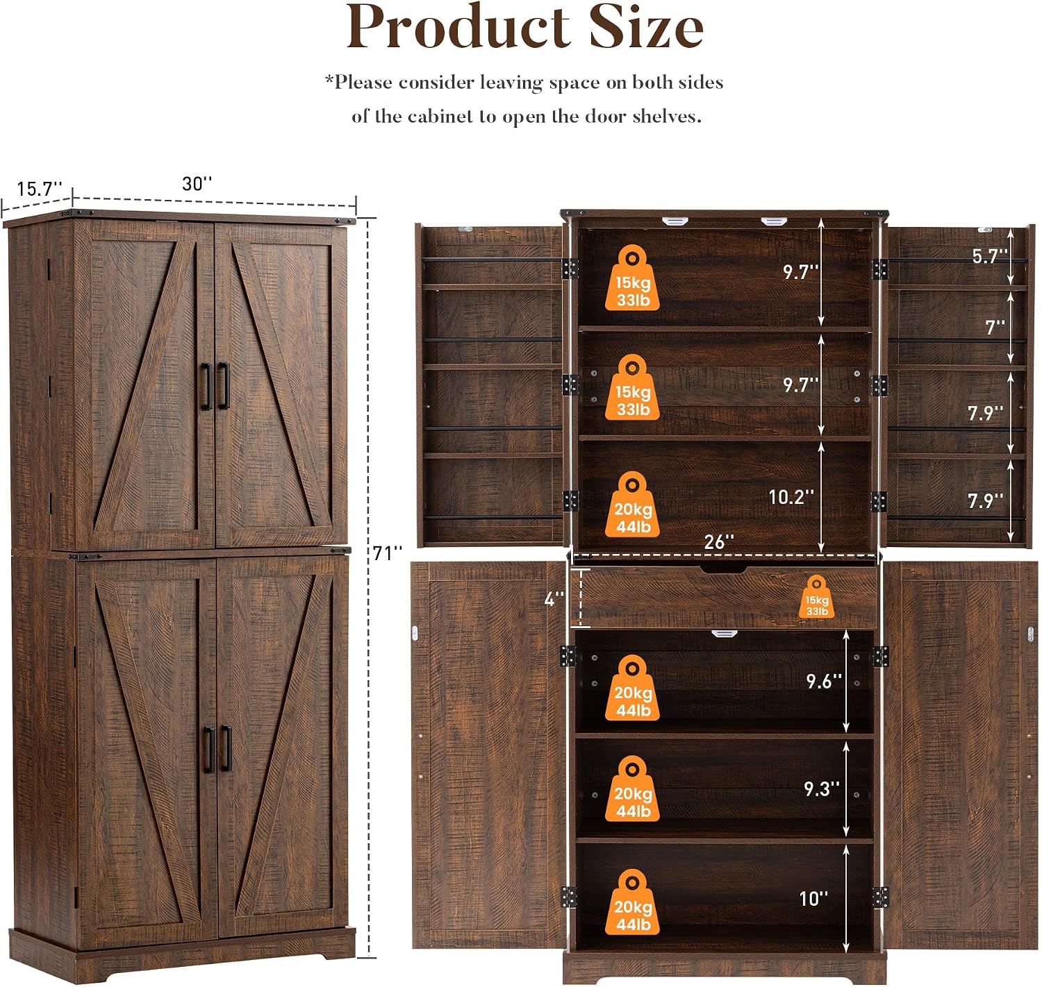 HOMPUS 71" Tall Kitchen Pantry Cabinet with Doors and Drawer, Farmhouse Storage Cabinet with Adjustable Shelves, Rustic Wood Cupboard for Kitchen, Dining Room, Living Room, Bathroom, Rustic Brown