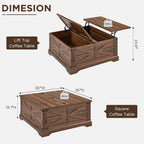JXQTLINGMU 3-Piece Farmhouse Coffee Table and End Table Sets, Includeds 36" Lift Top Square Coffee Table w/Storage & 2 Rustic Wood End Tables w/Charging Station & Barn Doors for Living Room, Brown