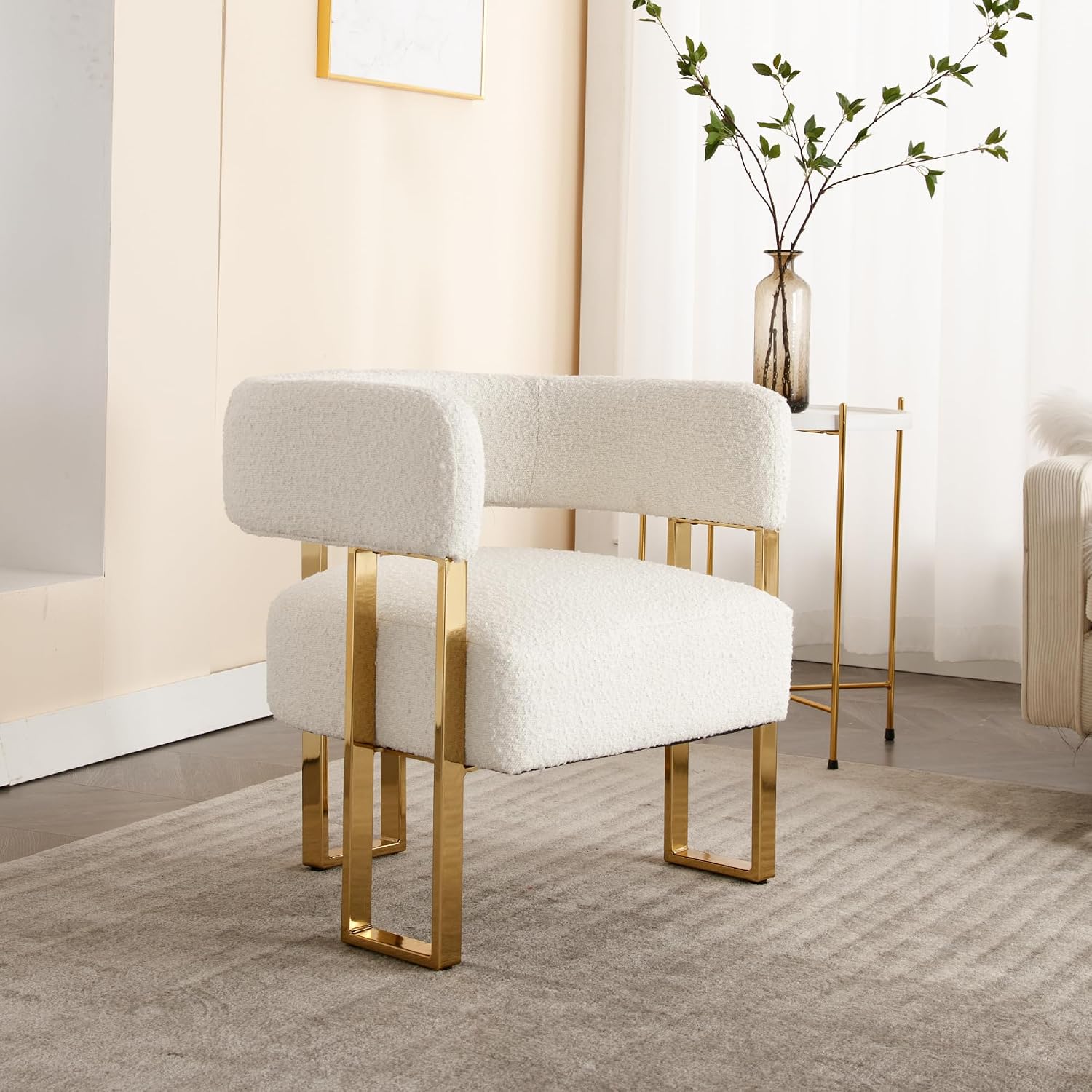 Barrel Accent Chair,Modern Side Chair with Golden Metal Legs, Sherpa Upholstered Reading Armchair for Bedroom, Boucle Club Chairs for Living Room/Reception Room/Lounge/Office, White
