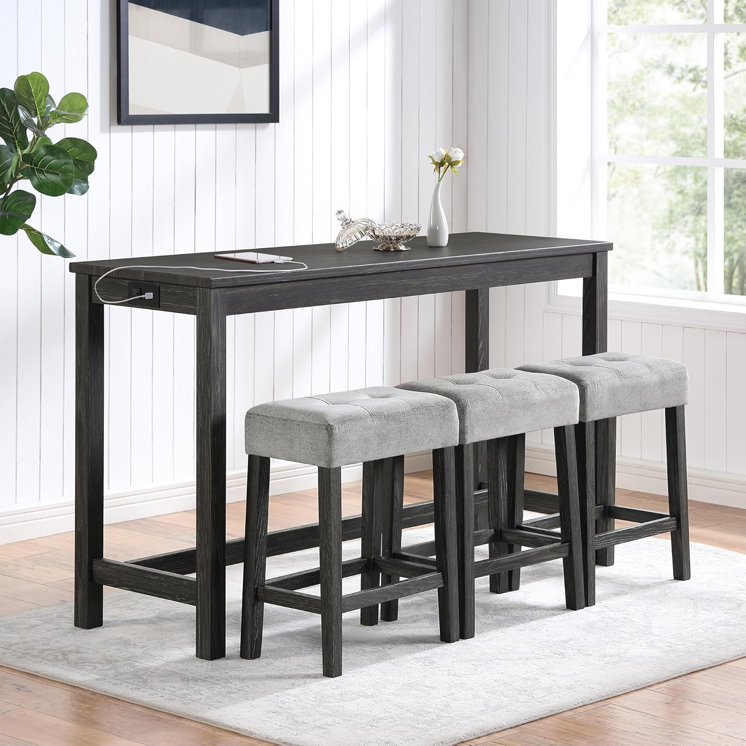 Bar Table Set with Power Outlet, 4 Piece Bar Table and Chairs Set, Industrial Breakfast Table Set, for Living Room/Dining Room/Game Room, Black+Gray