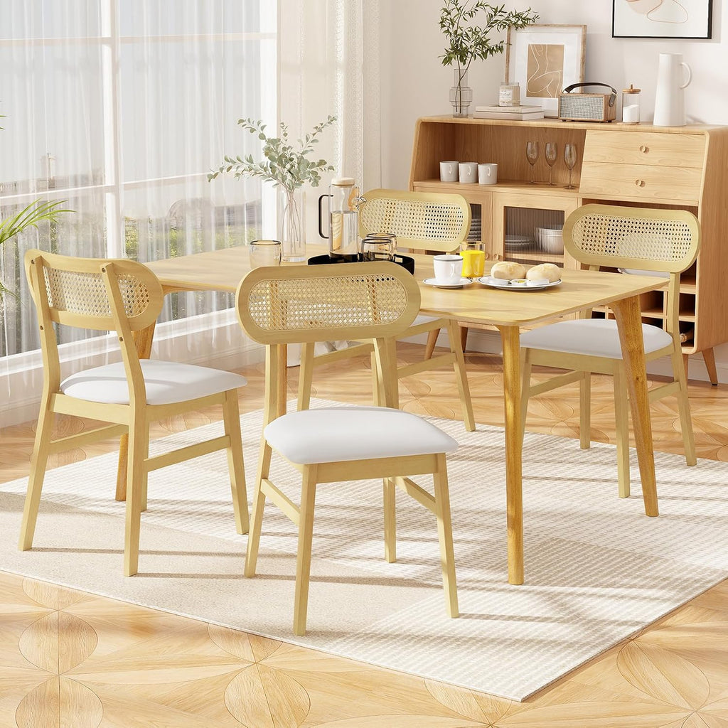 Giantex Wooden Dining Chairs Set of 2, Faux Leather Upholstered Kitchen Chairs w/Breathable Mesh Cane Backrest, Rubber Wood Frame, Padded Seat, Farmhouse Armless Dining Room Chair, Natural
