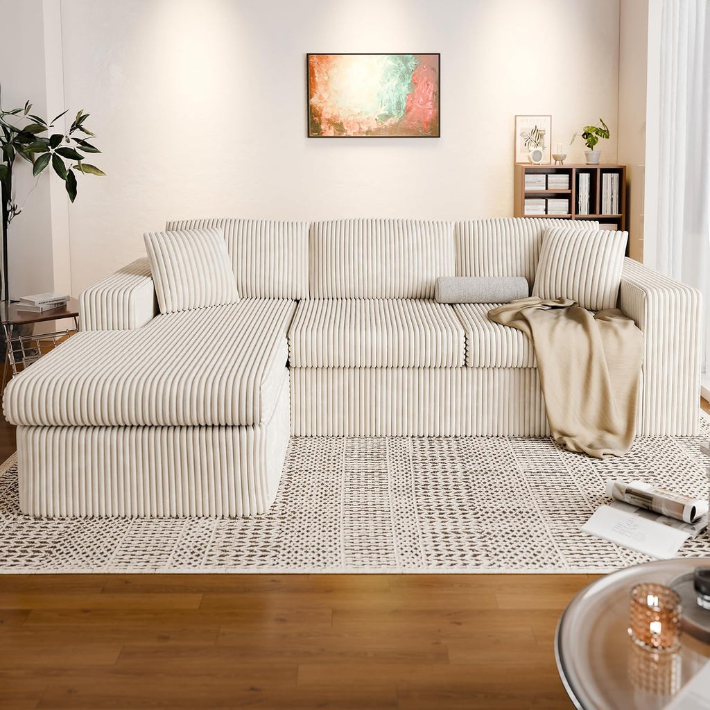 Vongrasig 105" Couches for Living Room, Sectional Couches Modular Sofa with L-Shaped Chaise, Memory Foam Comfy Cloud Couch with Plush Corduroy Fabric, No Assembly Required, (Beige)