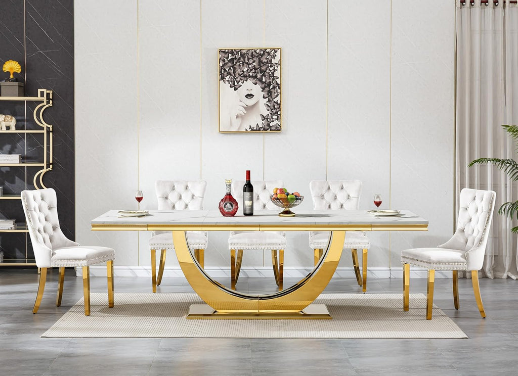 94 in Luxury Faux Marble Dining Table for 6 8 10 People, White Faux Marble Dining Table with Gold U Shaped Stainless Steel Base, Large Rectangular Modern Kitchen Dining Room Table for Family Gathering