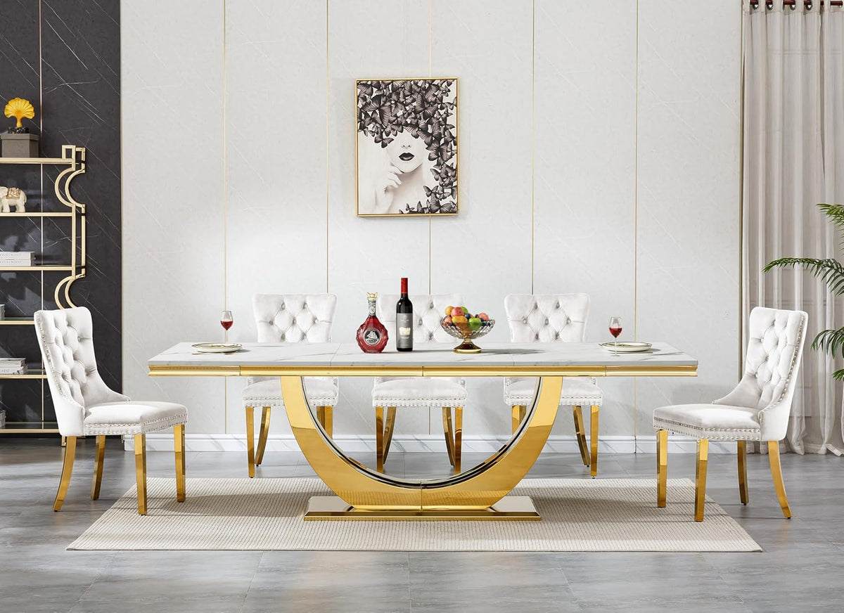 94 in Luxury Faux Marble Dining Table for 6 8 10 People, White Faux Marble Dining Table with Gold U Shaped Stainless Steel Base, Large Rectangular Modern Kitchen Dining Room Table for Family Gathering