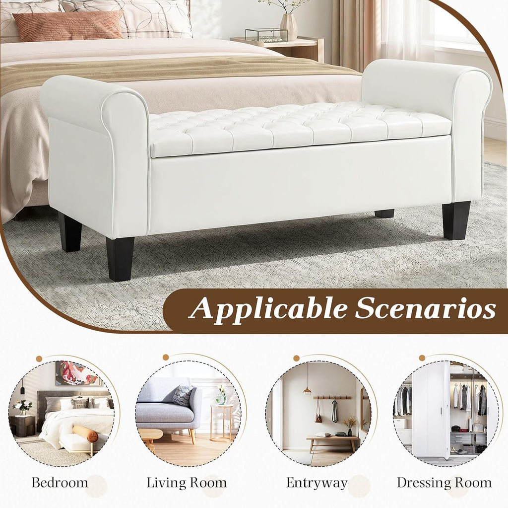 ECOTOUGE 55" Storage Ottoman Bench for Living Room, End of Bed Bench with Rolled Arm Leather Ottoman with Storage Upholstered Entryway Bench Retro Style Footboard Bench for Bedroom, Cream White