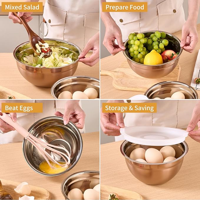Rose Gold Mixing Bowls With Airtight Lids,Stainless Steel Bowl,Salad Bowls 5 Piece Colorful Nesting Bowl Rose Gold Kitchen Accessories,Size 5.5,3.6,2.7,2.1,1.5QT Stackable Design