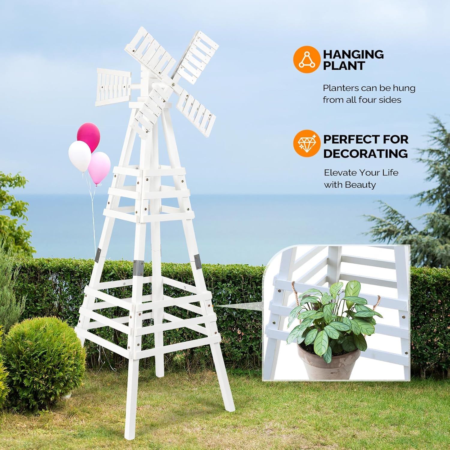 Wooden Windmill, Weather-Proof Wind Spinner, Outdoor Wind Mill for Garden Lawn Patio Decoration (White, Medium)