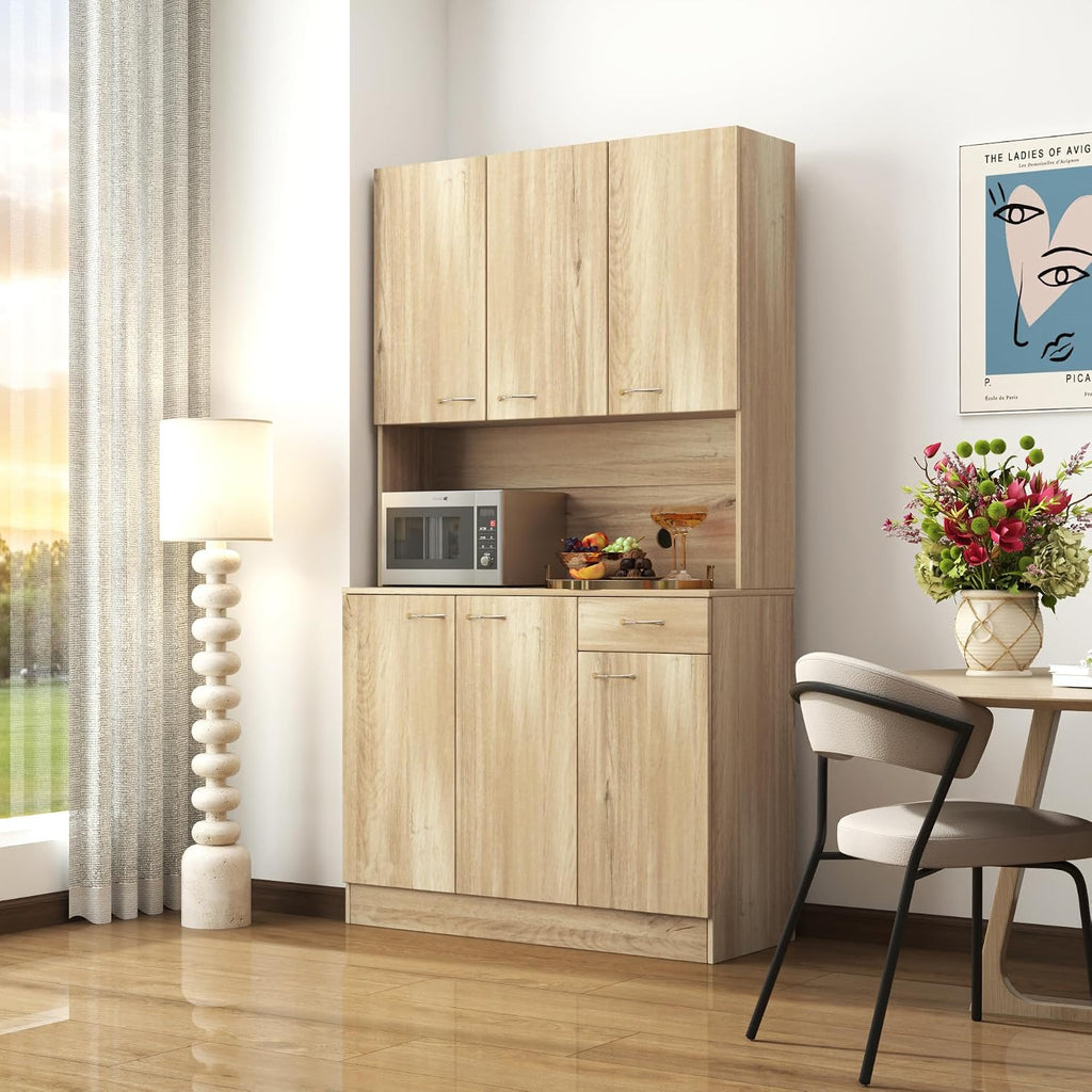 71" Tall Kitchen Pantry Cabinet,Sideboard Buffet Cabinet with 6 Doors and Shelves,Kitchen Island with Microwave Stand,Kitchen Hutch Storage Cabinet with 1 Drawer for Kitchen,Kitchen Cabinet (Oak)