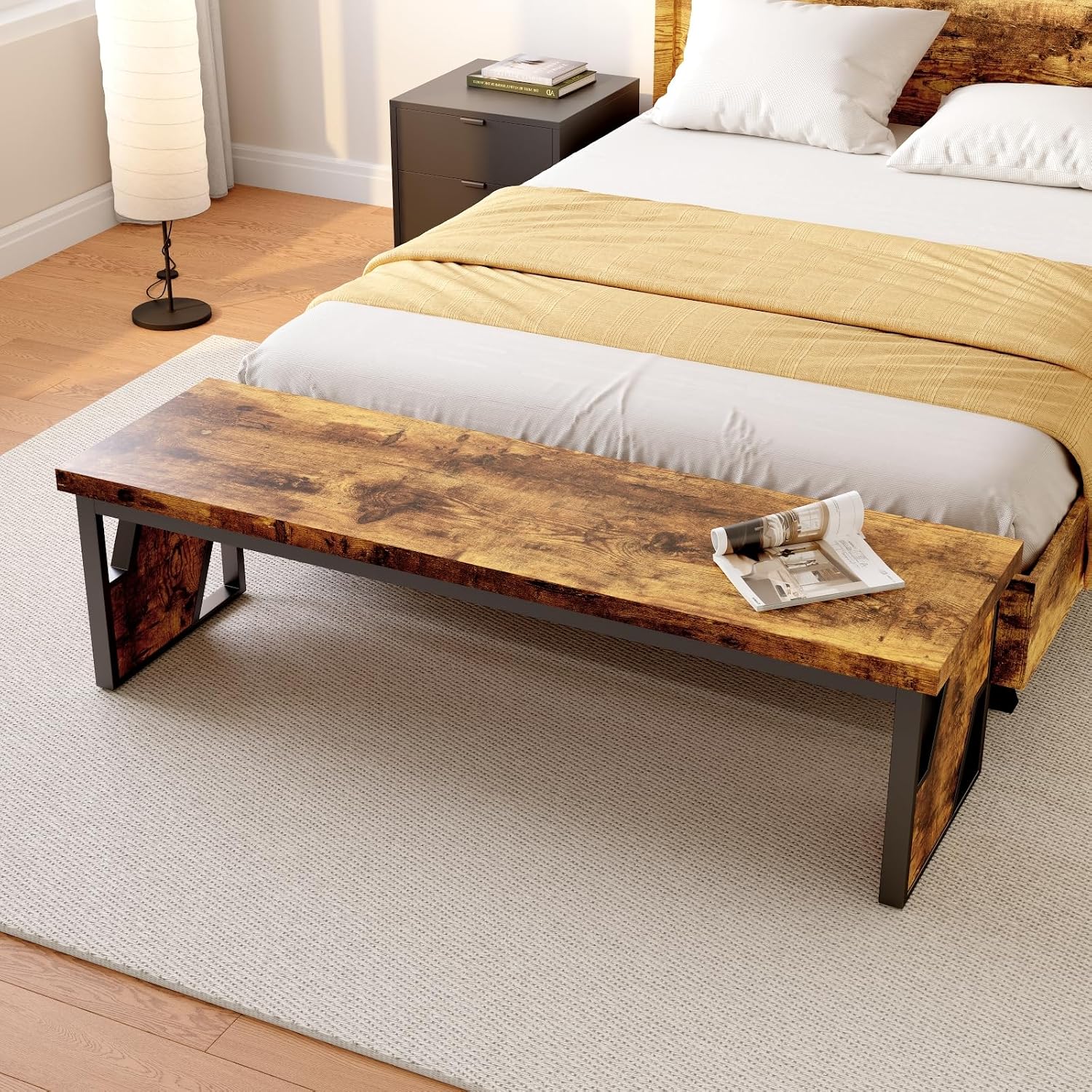 HIPIHOM Table Benches 2-Pack 54.72" Long, Antique Wood & Black Metal Legs, Rustic Farmhouse Benches for Dining Entryway Bedroom