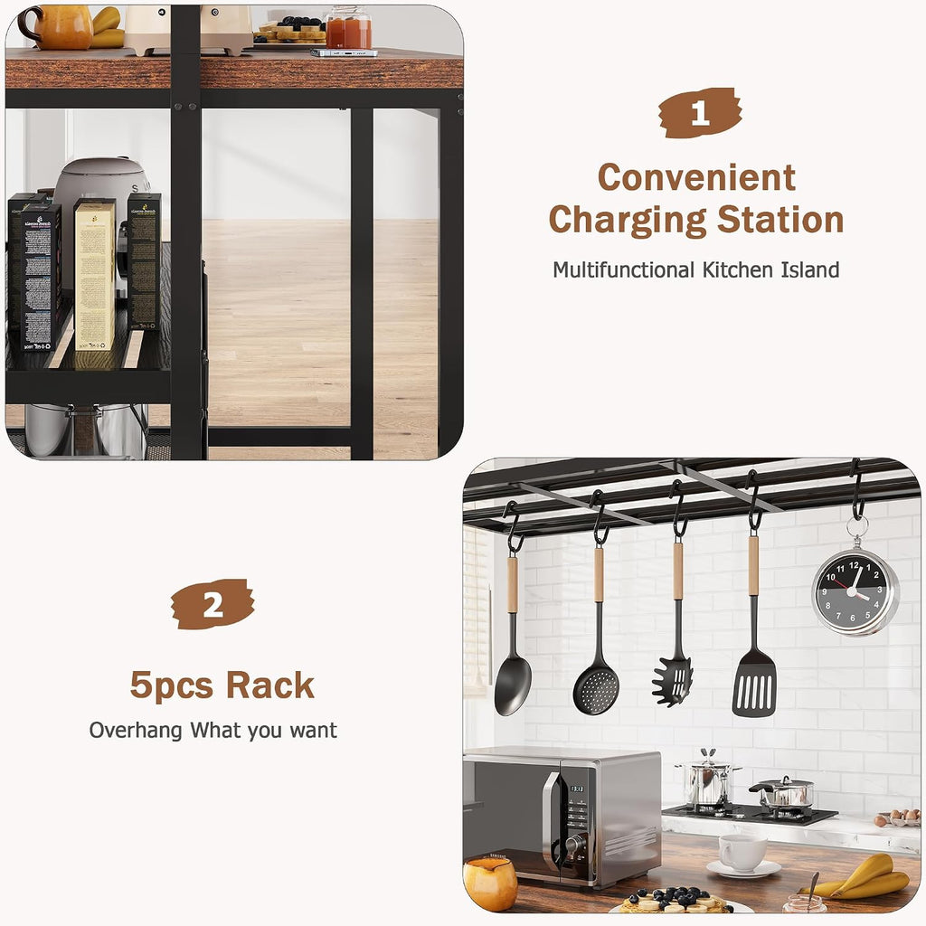 IDEALHOUSE 42" Kitchen Island with Storage & Seating - 3-Tier Bakers Rack, Microwave Stand with 5 Hooks, Multi-Function Island Table for Kitchens (42"×28"×72")