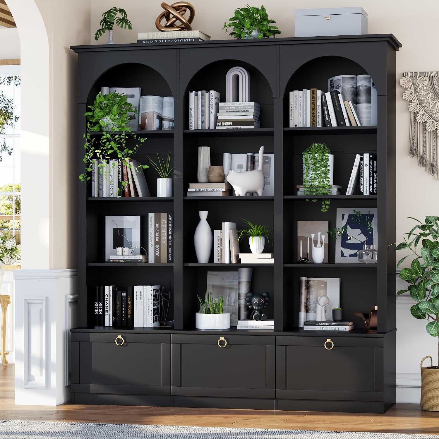 71" Tall Triple Wide Bookshelf with Doors, 5-Tier Large Arched Bookcase