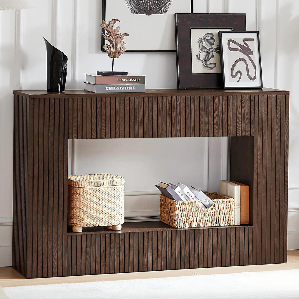 LKTART 55.12" Console Table for Entryway, Narrow Long Solid Wood Veneer Fluted Entryway Table Sofa Table Behind Couch Tables with 2-Tier Storage Shelves for Hallway, Living Room, Foyer, Walnut