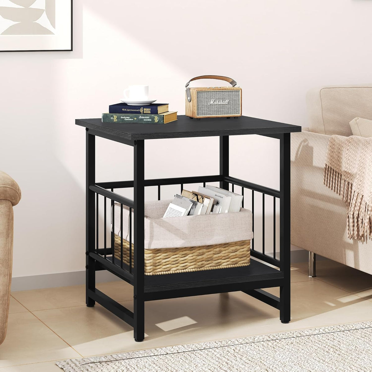 EazeHome 18" Square End Table, Modern Nightstand Side Table, Nightstand with Open Storage Shelf for Living Room, Heavy Duty Stand of Mini Beverage for Dorm, Kitchen Room, Black