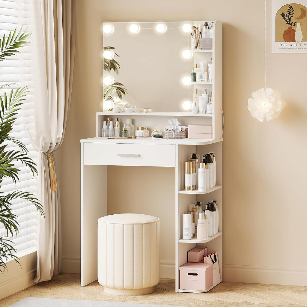 Makeup Vanity Desk with Mirror and Lights, 26.4”Small Vanity Mirror with Lights with Large Drawer and 6 Level Storage, White Vanity with Large Led Mirror with 3 Color Lighting Modes (White)