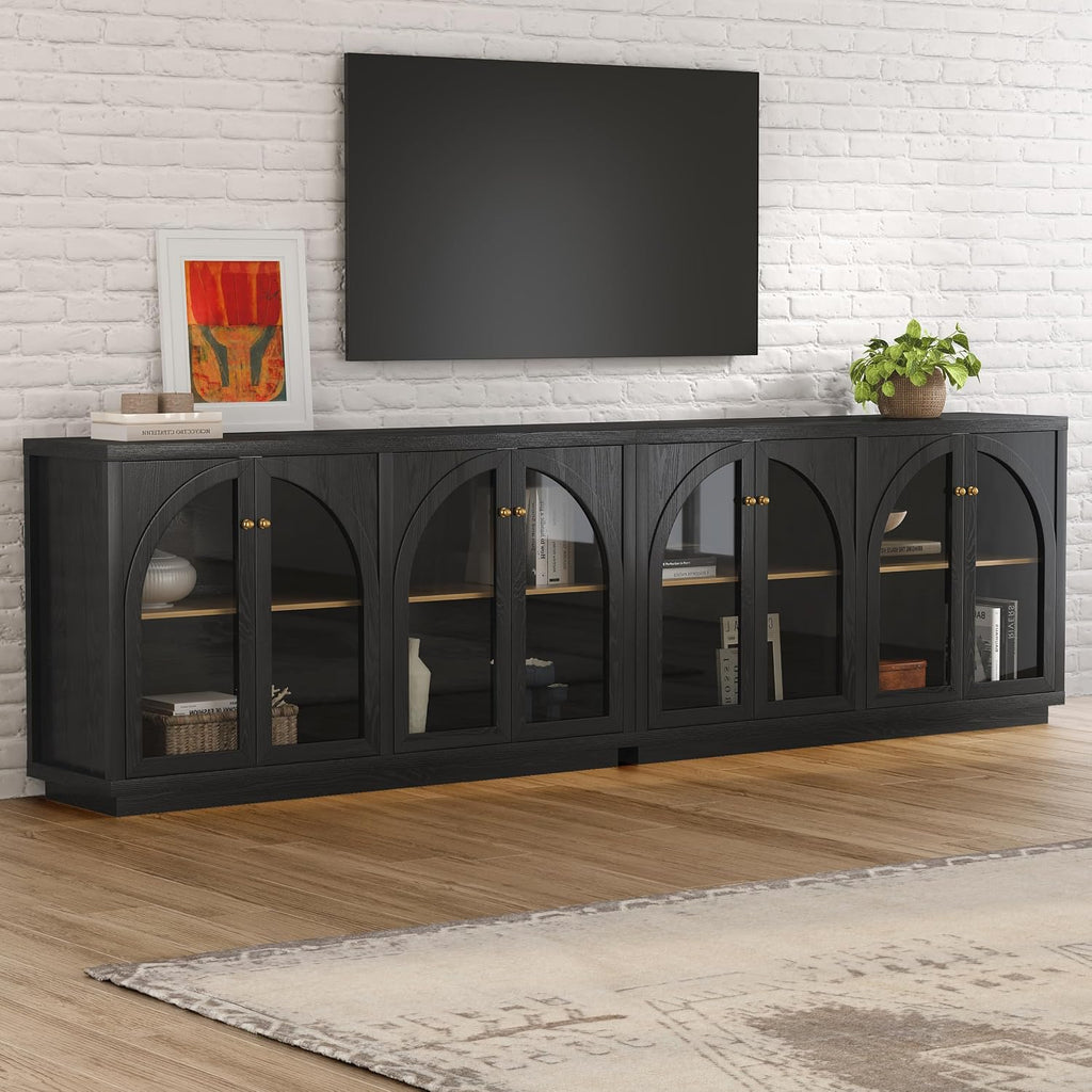Arched Sideboard Buffet Cabinet with 4 Doors, Modern Accent Storage Cabinet with Adjustable Shelves, Boho Console Table Bar Cabinet Storage Credenza for Living Room, Black/Oak