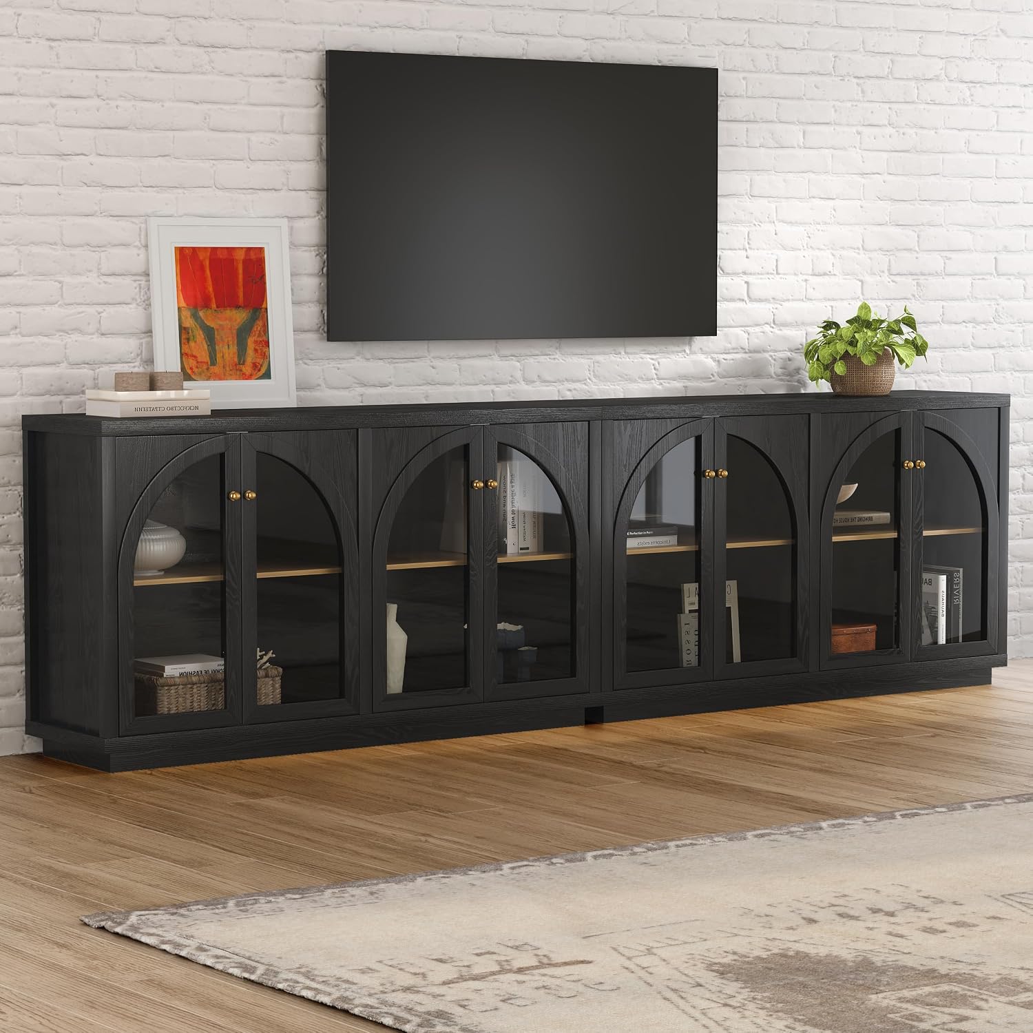 Arched Sideboard Buffet Cabinet with 4 Doors, Modern Accent Storage Cabinet with Adjustable Shelves, Boho Console Table Bar Cabinet Storage Credenza for Living Room, Black/Oak