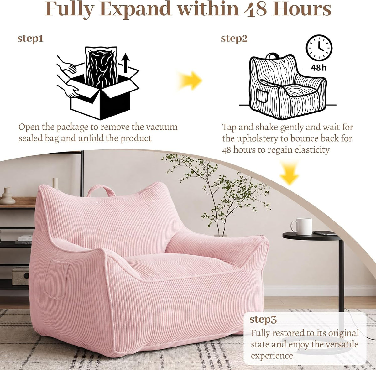 Vipbear Bean Bag Chair for Adults, Chair with Memory Foam | 35.5" Corduroy Beanbag Washable, Cozy Fluffy Chair with Pocket & Handle, Ergonomic Bedroom Sofa Chair for Gaming, Reading