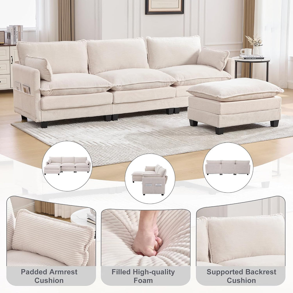 KIVENJAJA 103" Cloud Couch Sectional with Storage, L Shaped Sofa, Beige | 3 Seat, Side Pockets, Movable Ottoman, Corduroy, Deep Seat, Easy Assembly, for Living Room/Apartment
