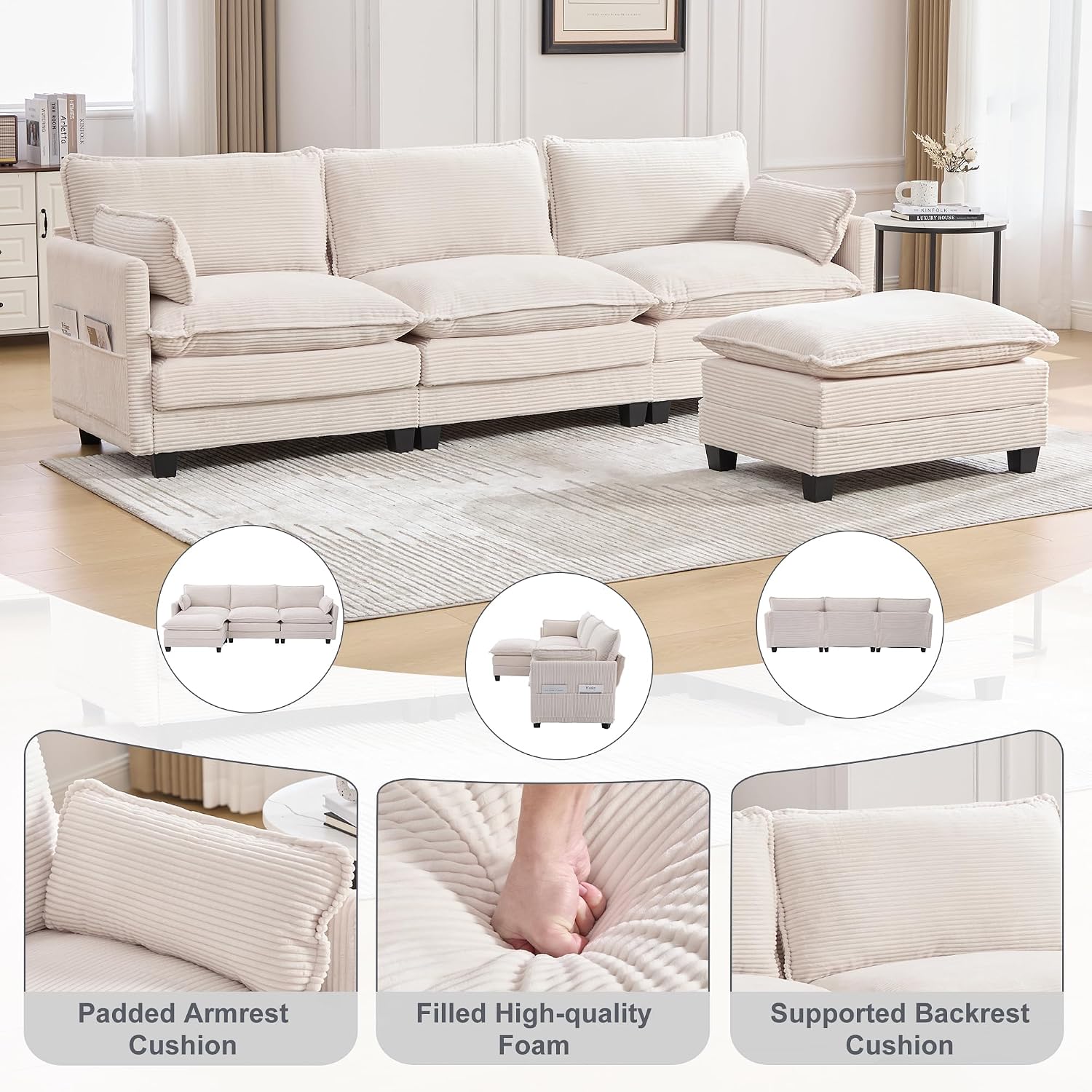KIVENJAJA 103" Cloud Couch Sectional with Storage, L Shaped Sofa, Beige | 3 Seat, Side Pockets, Movable Ottoman, Corduroy, Deep Seat, Easy Assembly, for Living Room/Apartment