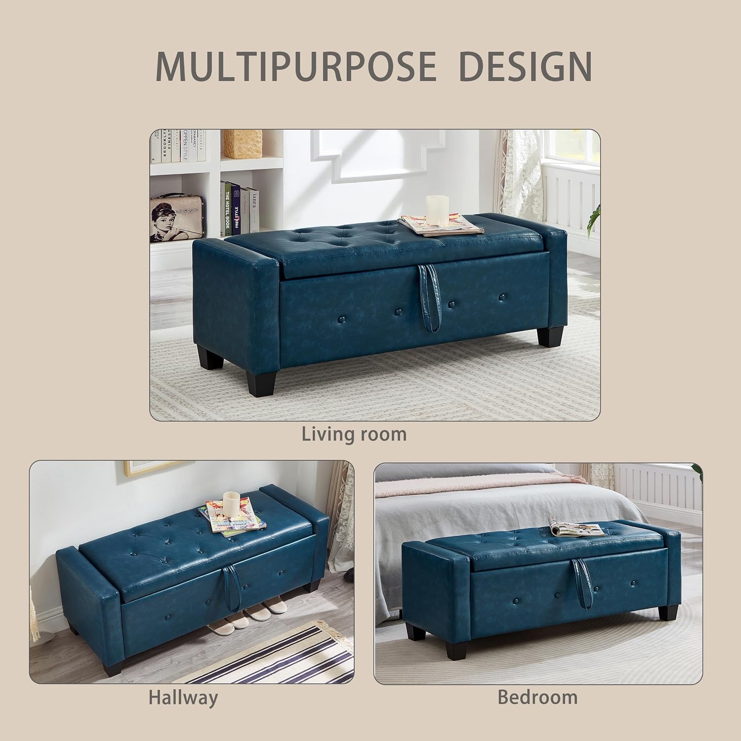48" Storage Ottoman Bench, Upholstered Tufted Faux Leather End of Bed Bench with Flip Top Storage, Large Bedroom Bench for End of Bed, Entryway Shoe Bench, Living Room Ottoman, PU (Navy Blue)