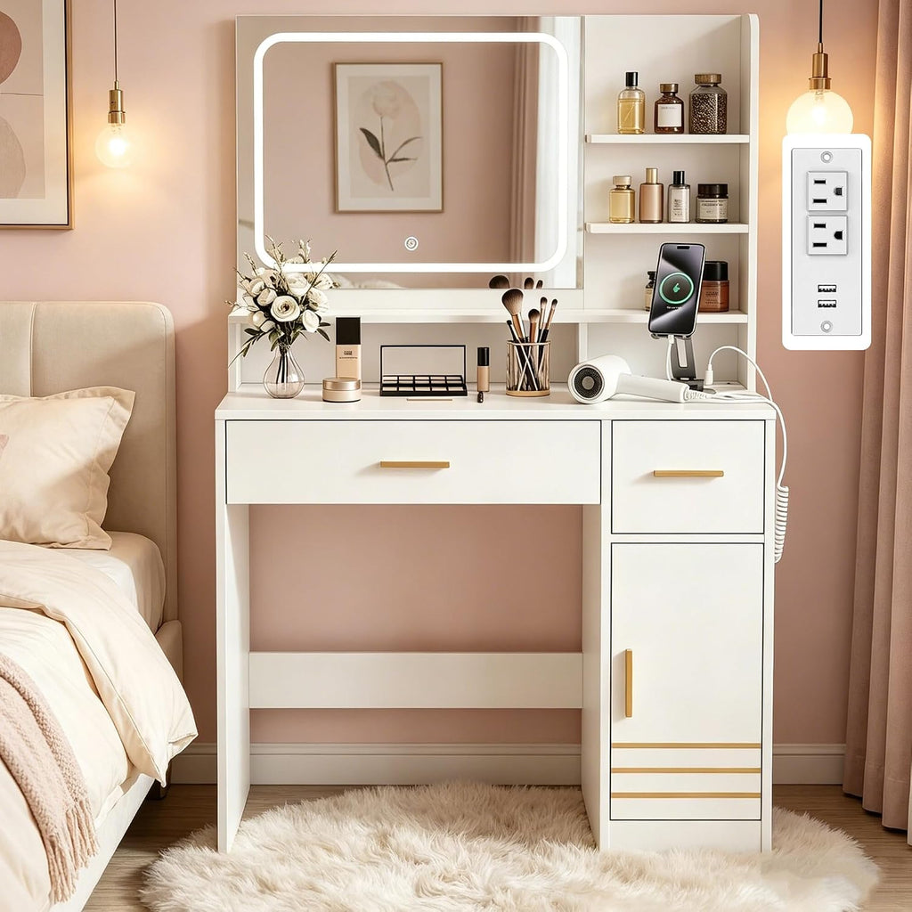 35.4" W Vanity Desk with Power Outlet Mirror and LED Lights Heavy Duty Makeup Vanitys Table with 2 Drawers & 3 Open Shelves & 1 Cabinet Storage for Bedroom Dressing, White