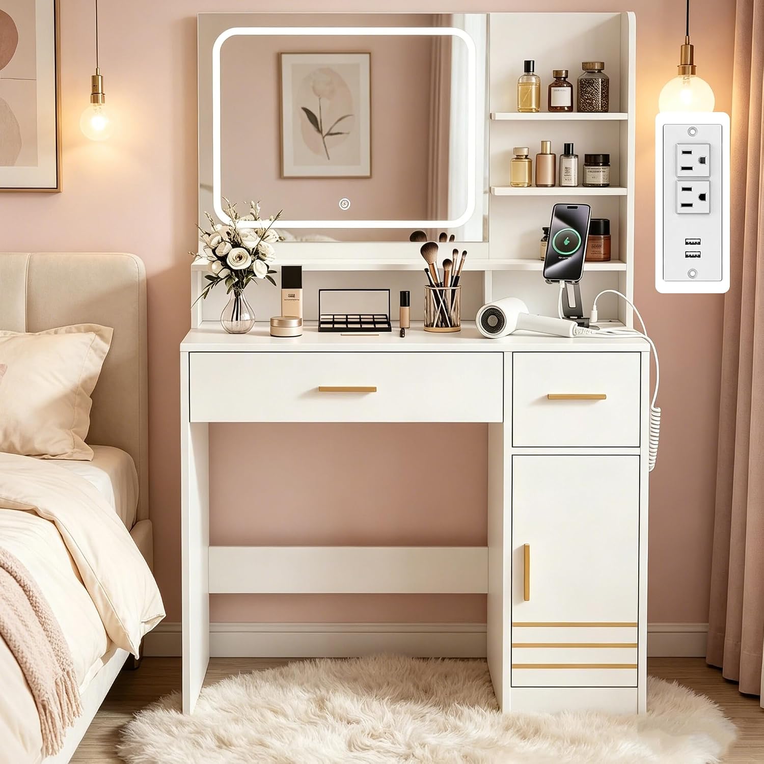 35.4" W Vanity Desk with Power Outlet Mirror and LED Lights Heavy Duty Makeup Vanitys Table with 2 Drawers & 3 Open Shelves & 1 Cabinet Storage for Bedroom Dressing, White