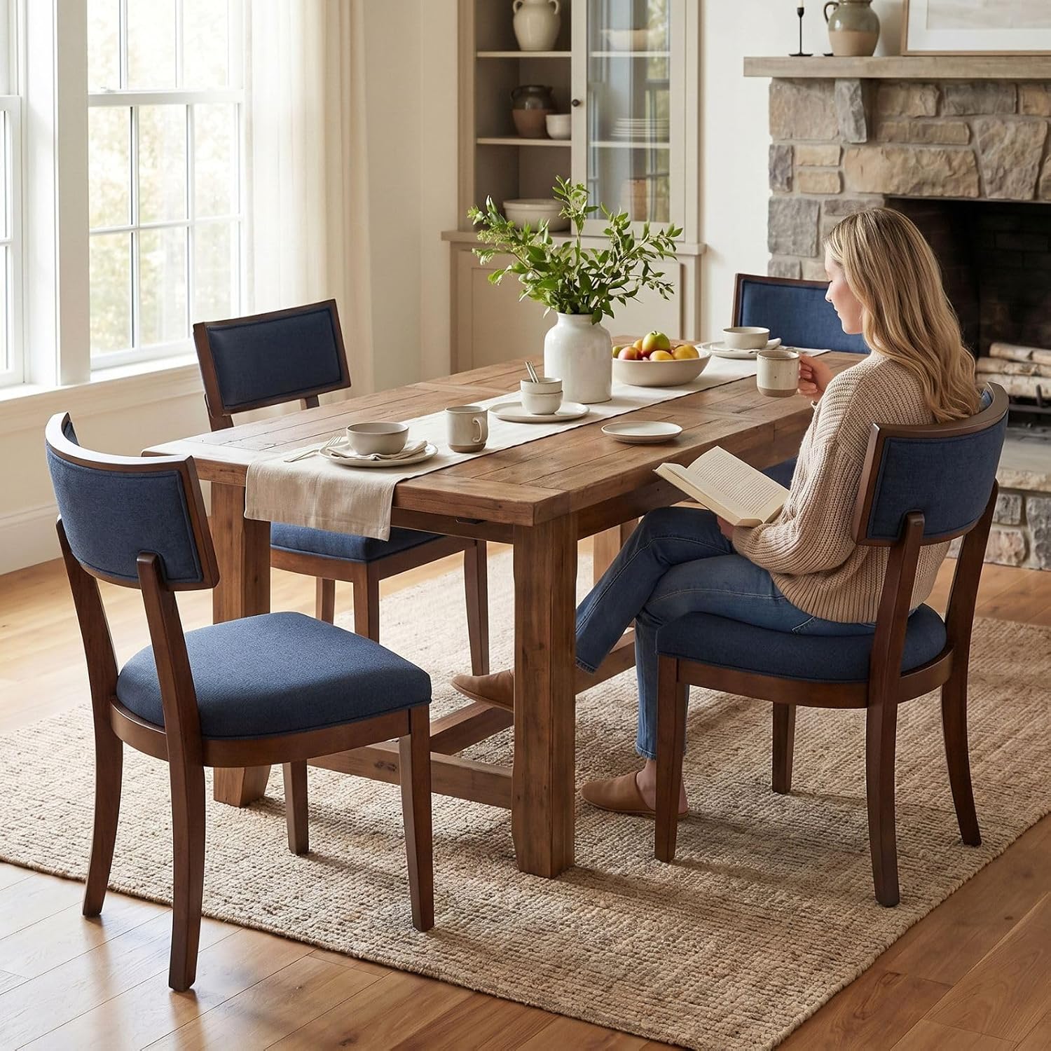 Blue Dining Chairs Set of 6, Upholstered Linen Fabric Dining Room Chairs with Curved Backrest, Armless Solid Wood Farmhouse Kitchen Side Chairs for Dining/Living Room, Blue
