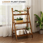 Bamboo Ladder Shelf 3-Tier Foldable Plant Stand, 23.6"W x 15"D x 39.4"H Freestanding Flower Pot Display Rack for Garden, Balcony, Patio, or Living Room, Walnut