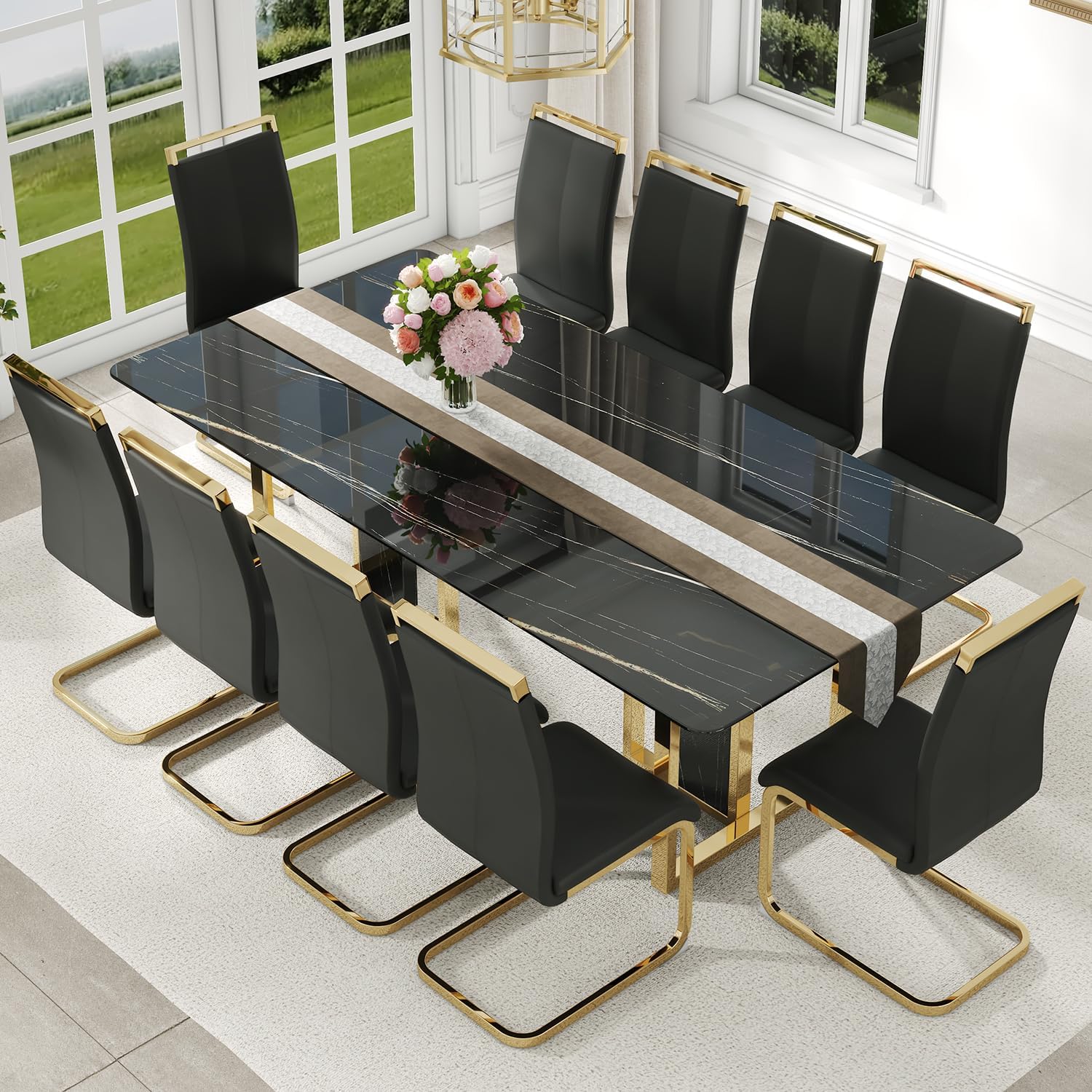 79'' Modern Dining Table Set for 10, Black Kitchen Table with 1.8" Thick Faux Marble Top & 10 PU Leather Chairs, Luxury Dining Room Furniture Set for Kitchen/Dinner Room