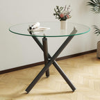 Modern Dining Room Table for 4 People, 36" Round Dining Table with Black Chrome Metal X-Base, Circle Tempered Glass Dining Room Tables, Small Dining Table Kitchen Tables Dinner Tables