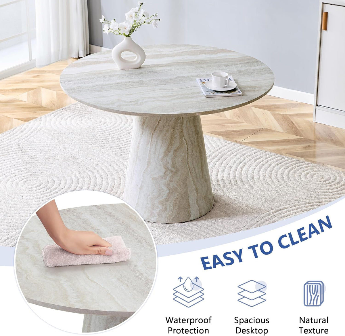 Faux Marble Round Dining Table for 4-6, 45" Modern Farmhouse Round Kitchen Table with 1" Thickened Wood Top & Stable Pedestal for Dining Room,Living Room,Apartment,Restaurant(Beige)