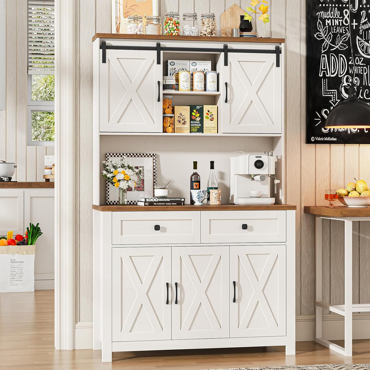 Befrases 67.7 Inch Farmhouse Pantry Storage Cabinet with Sliding Barn Doors, 2 Drawer Farmhouse Coffee Cabinet with Adjustable Shelf, Side Board with Buffet Cupboard for Livingroom Kitchen, White