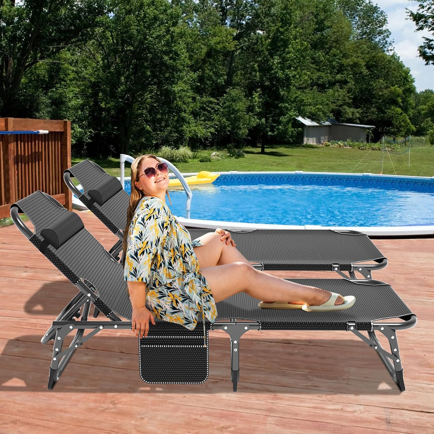 DoCred Chaise Lounge Chair, 5-Position Folding Outdoor Lounge Chair | Heavy Duty Sturdy Steel Frame Chaise Lounge w/ Removable Cushion & Pillow, Folds Flat for Storage, for Beach, Pool & Patio