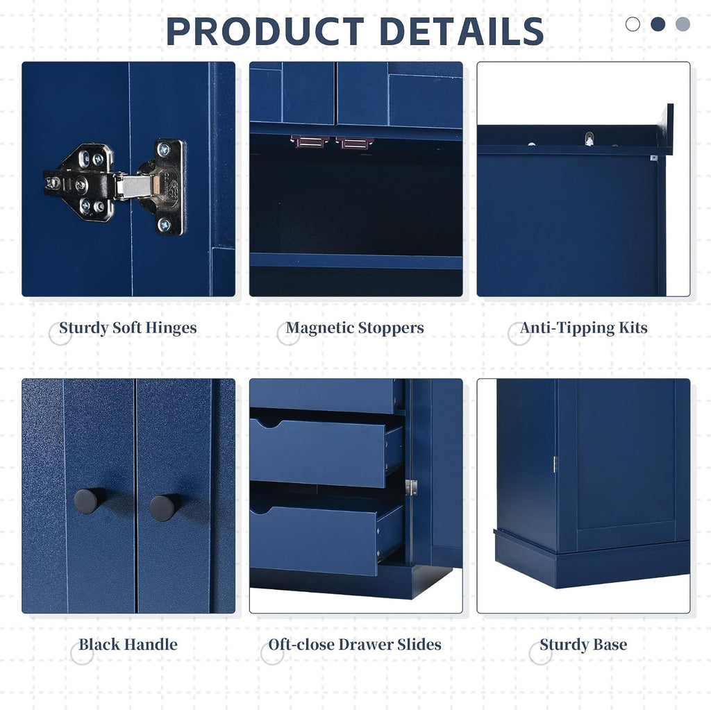 Merax 77'' Tall Freestanding Kitchen Pantry, 35''Lx17.7''W Modern Shaker Style Cupboard Storage Cabinet with Adjustable Shelves,Door Shelves, Drawers and Wine Racks, Blue