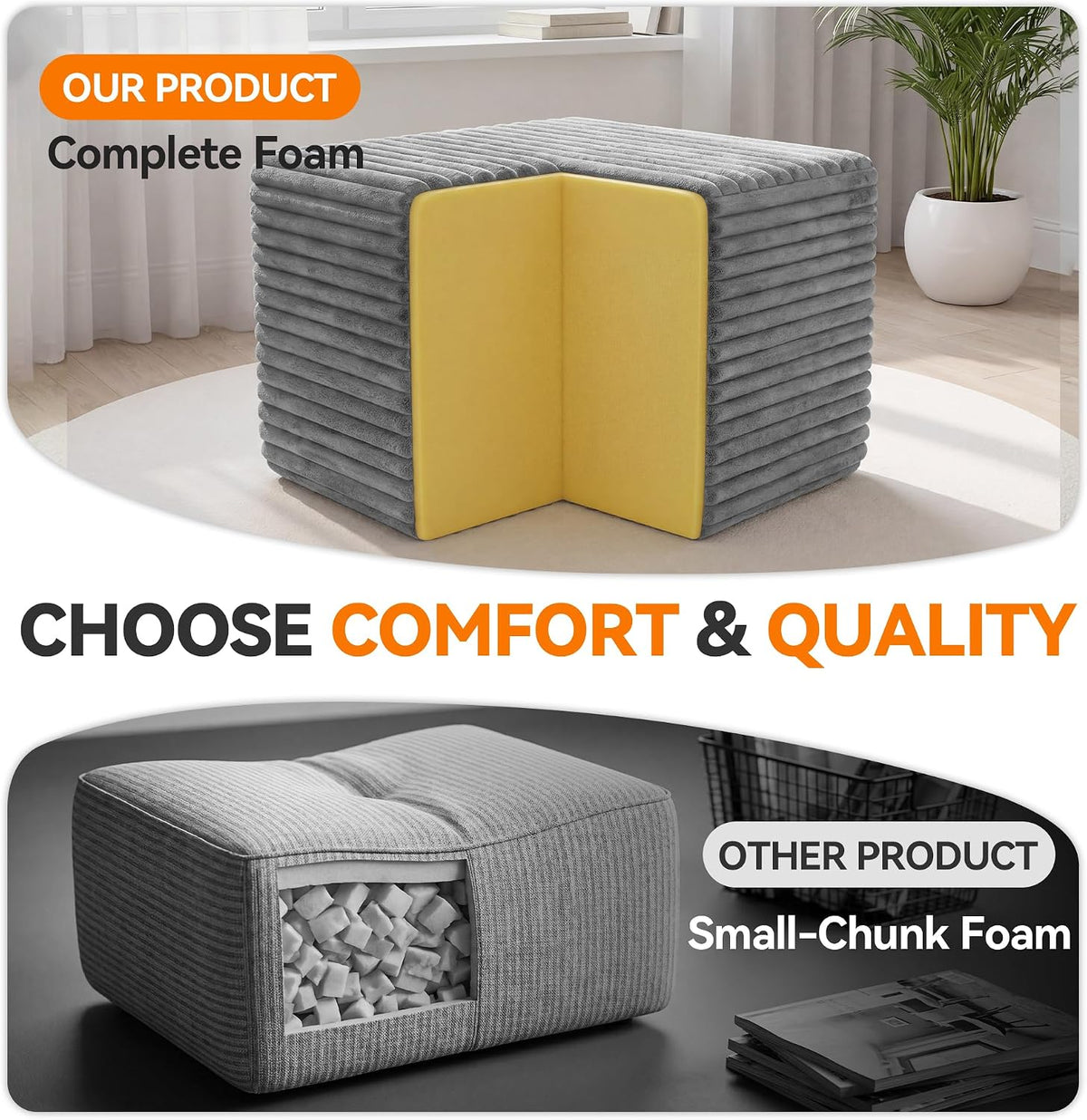 23in Square Pouf Ottoman, Large Corduroy Ottoman Foot Rest with Solid High-Density Foam, Removable Washable Cover, Soft Floor Foot Stool for Living Room, Bedroom, Grey