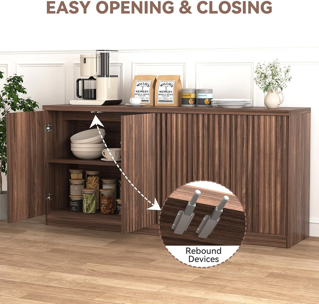 63" Fluted Buffet Cabinet Sideboard with Storage,Large Credenza with 4 Doors with Adjustable Shelves,Wood Mid Century Modern Sideboard for Kitchen, Living Room,Entryway(Walnut)