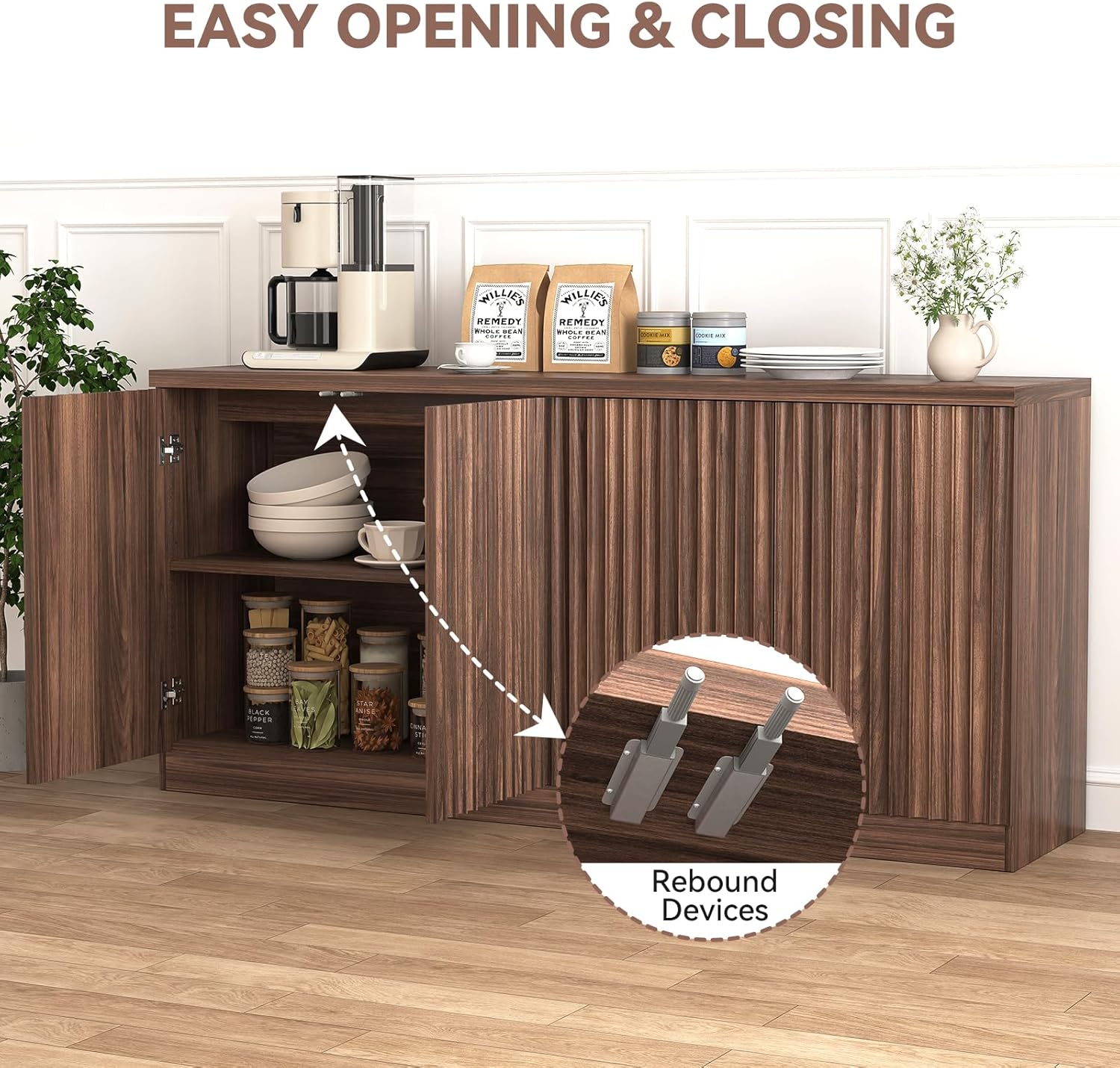 63" Fluted Buffet Cabinet Sideboard with Storage,Large Credenza with 4 Doors with Adjustable Shelves,Wood Mid Century Modern Sideboard for Kitchen, Living Room,Entryway(Walnut)