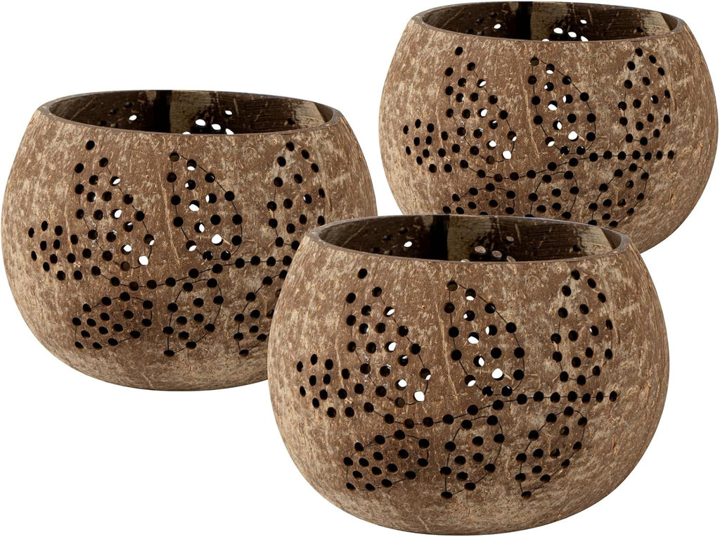 Restaurantware-Coco Casa 4 x 3.3 Inch Coconut Shell Candle Holders, 10 Reusable Tealight Holders - Candle Not Included, Leaf Pattern, Brown Coconut Bowls For Candles, Handcrafted