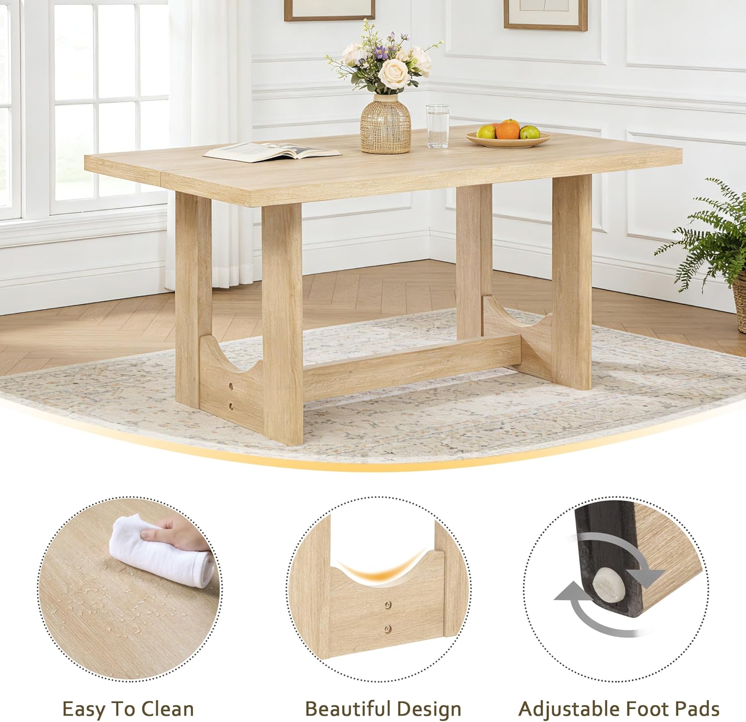 Harper & Bright Designs Modern 6-Piece Dining Table Set with Bench & 4 Upholstered Chairs, Light Oak Rectangular Kitchen Table for 6, U-Shaped Base, Farmhouse Rustic for Dining Room Living Room