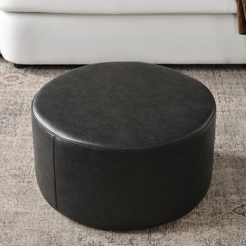 KINWELL Modern Faux Leather Round Upholstered Ottoman, Multi-Functional Sofa Footrest, Side Table, Extra Seating for Living Room, Bedroom (Black, 24" D x 24" W x 13" H)