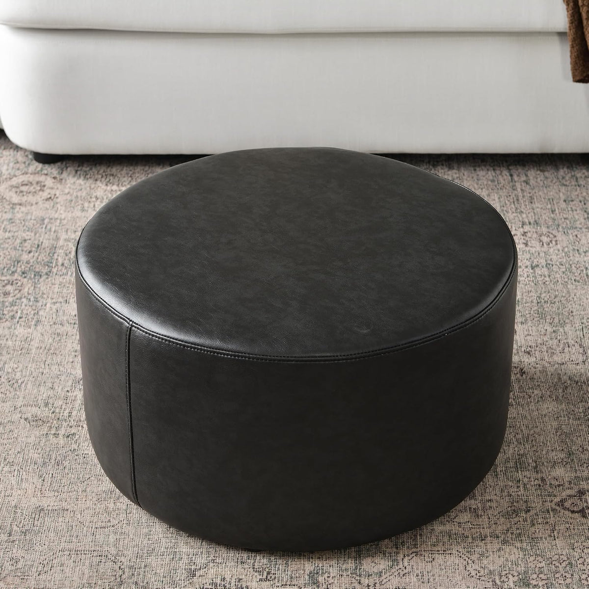KINWELL Modern Faux Leather Round Upholstered Ottoman, Multi-Functional Sofa Footrest, Side Table, Extra Seating for Living Room, Bedroom (Black, 24" D x 24" W x 13" H)