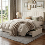 IDEALHOUSE Queen Size Velvet Upholstered Bed Frame, Beige