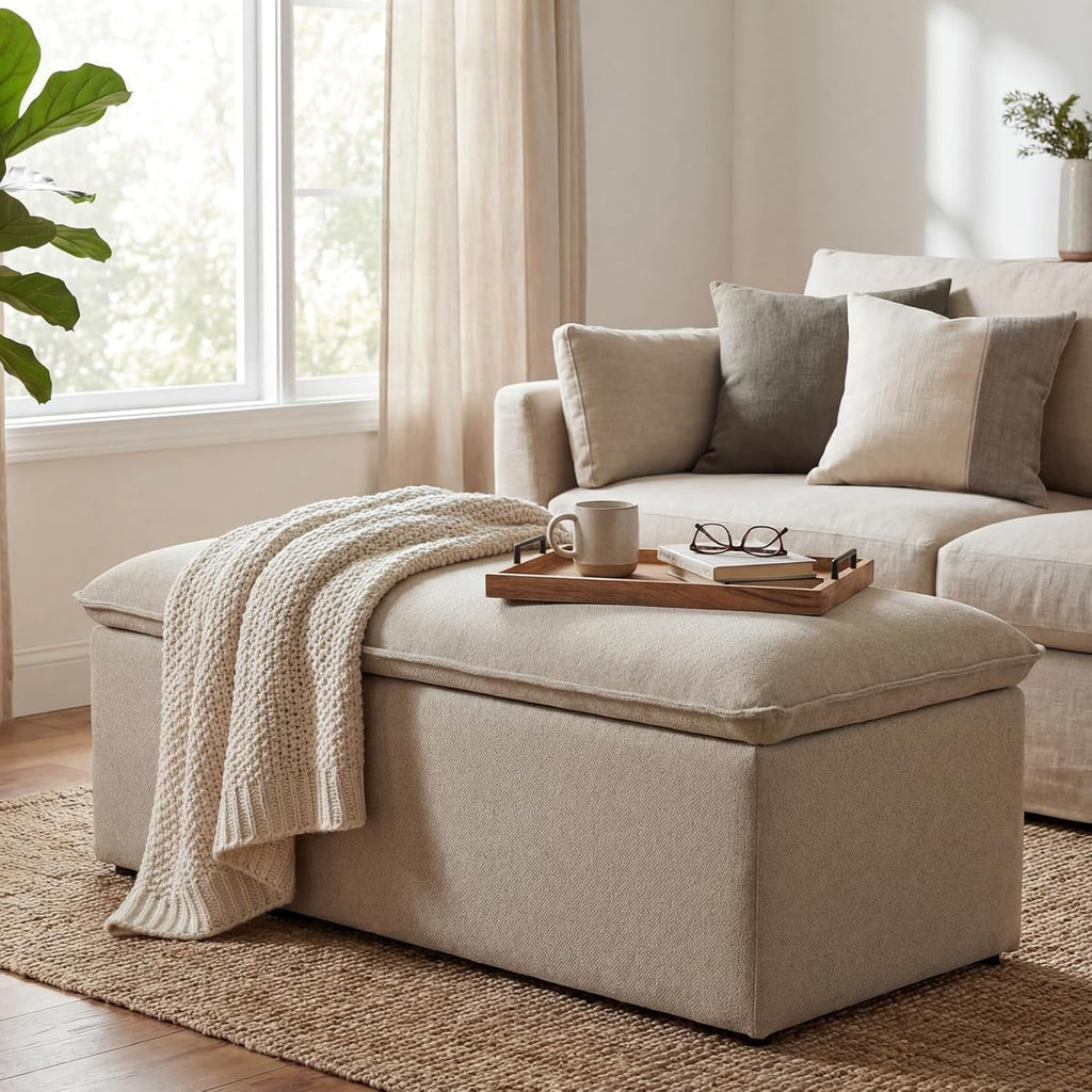 Ya-Home Modern Storage Bench, Upholstered Storage Ottoman Chenille Fabric with Seating Entryway Bench for Bedroom Living Room, Oatmeal