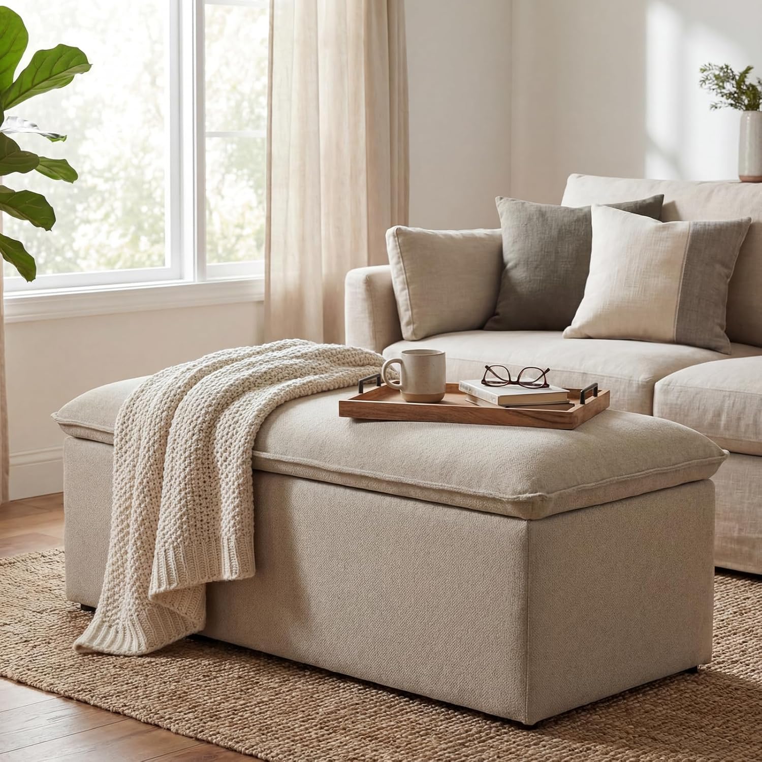 Ya-Home Modern Storage Bench, Upholstered Storage Ottoman Chenille Fabric with Seating Entryway Bench for Bedroom Living Room, Oatmeal