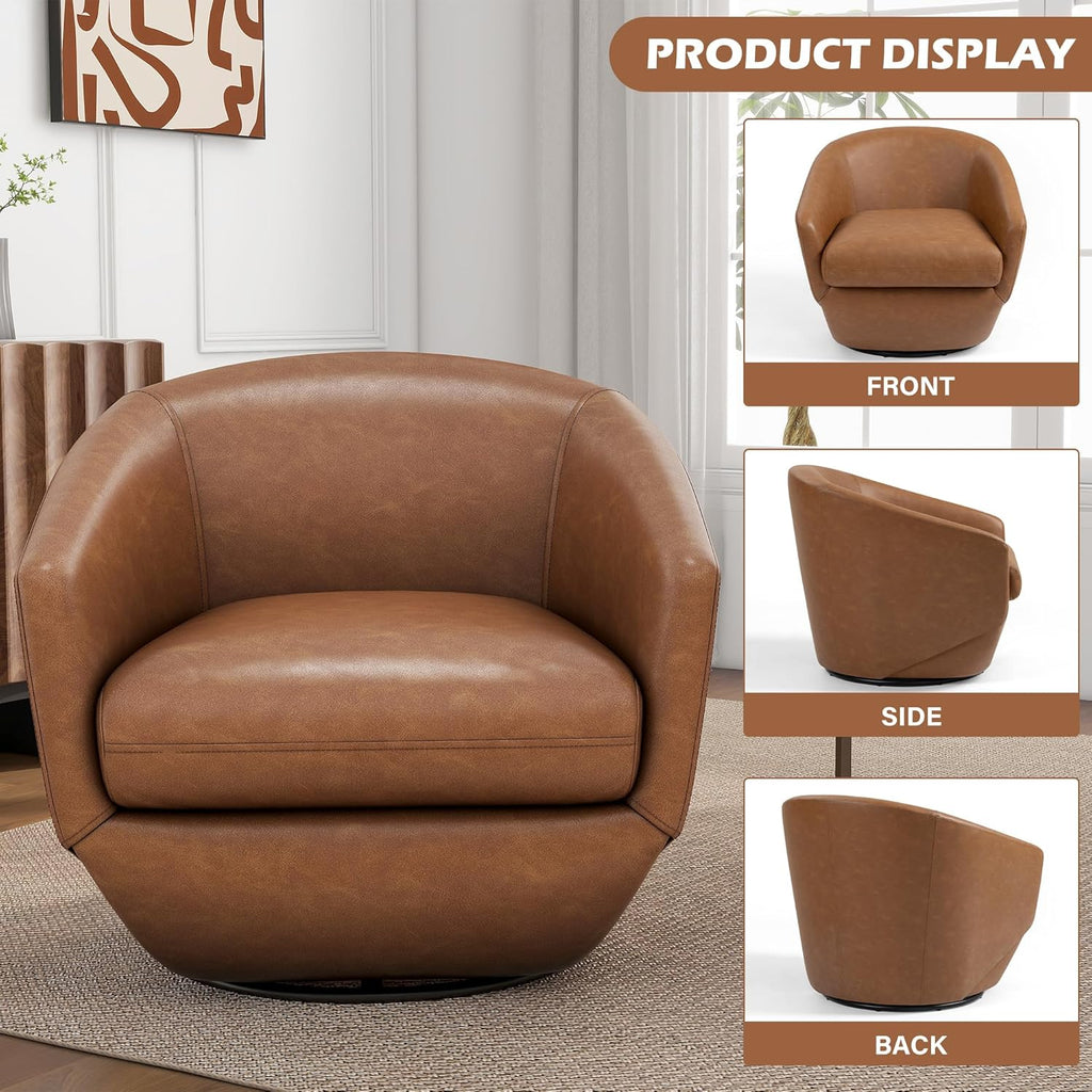 360° Swivel Barrel Accent Chair, PU Leather Upholstered Club Armchair for Living Room, Modern Round Arm Chair Single Sofa Bedroom Reading Seating (Brown)